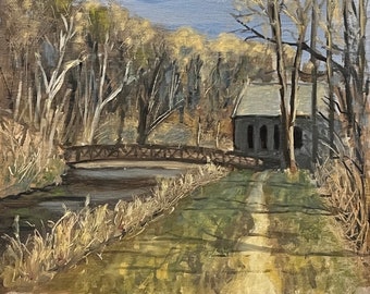 Plein air painting of Pumphouse Park, Richmond Virginia, James River,  winter landscape, small oil painting