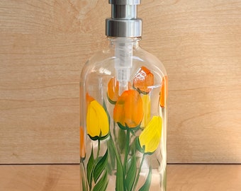 Hand painted soap bottle with orange and yellow tulips, orange bathroom decor, yellow  kitchen soap bottle, pretty soap dispenser