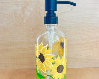 Hand painted soap dispenser yellow sunflowers,  handpainted soap dispenser, bathroom soap dispenser, yellow kitchen decor