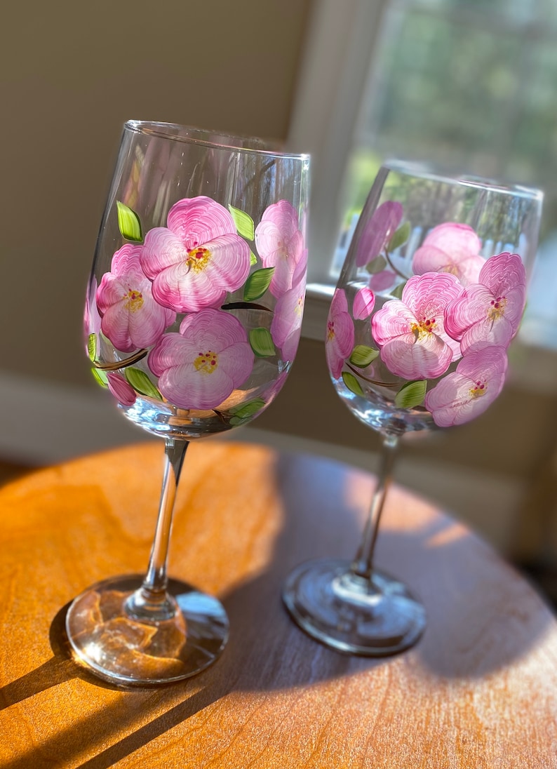 Hand Painted Wine Glasses Pink Spring Flowers Floral Stemless Etsy