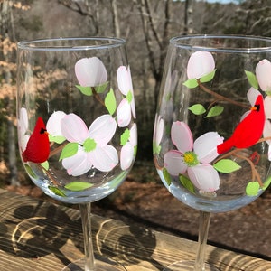 Painted wine glasses with red cardinal, hand painted wine glass with flower, Virginia state bird flower, bird nature lover, mothers day image 5