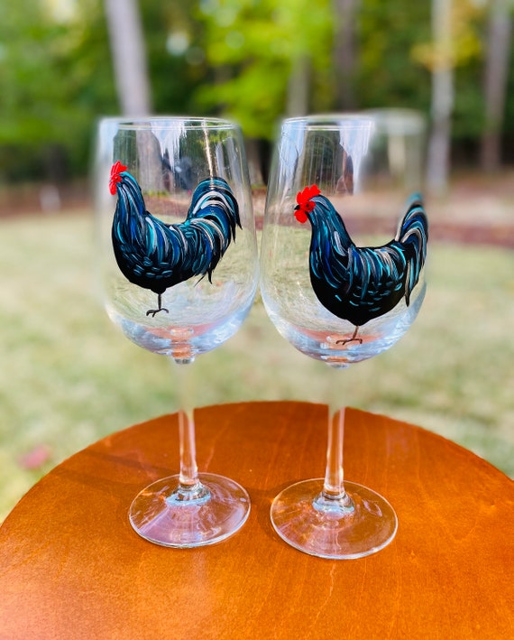 Painted Wine Glasses Rustic, Hand Painted Wine Glass, Black Rooster,  Rooster Decor, Farmhouse Decor, Country Kitchen, Hand Painted Gift 
