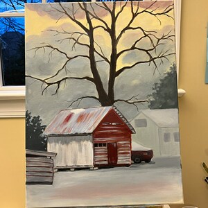 Landscape oil painting farm rural, Virginia farm barn painting, red barn in snow, Norge VA image 3
