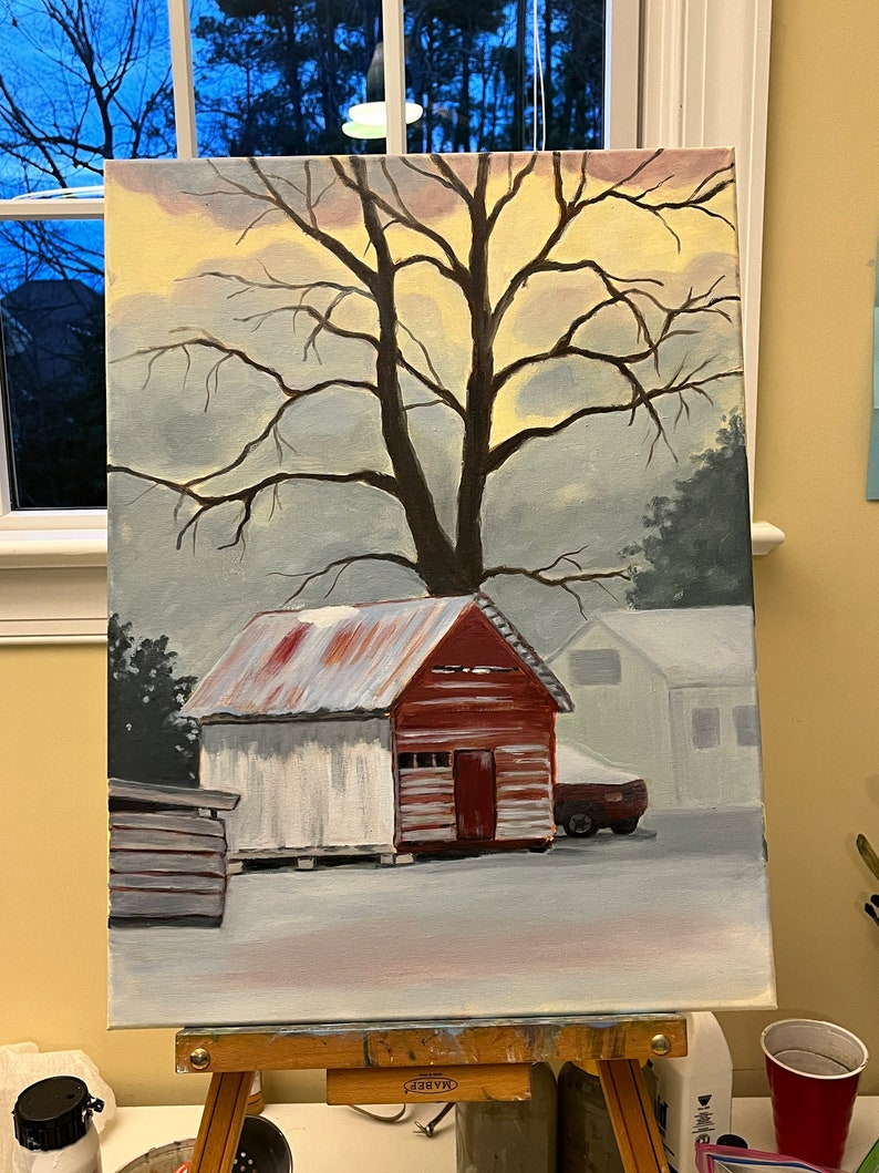 Landscape oil painting farm rural, Virginia farm barn painting, red barn in snow, Norge VA image 3