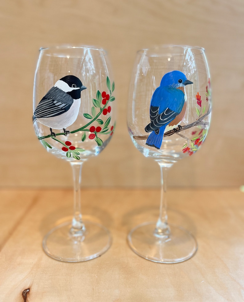 Hand Painted Wine Glass Set of 4 Birds Bluebird Chickadee Etsy