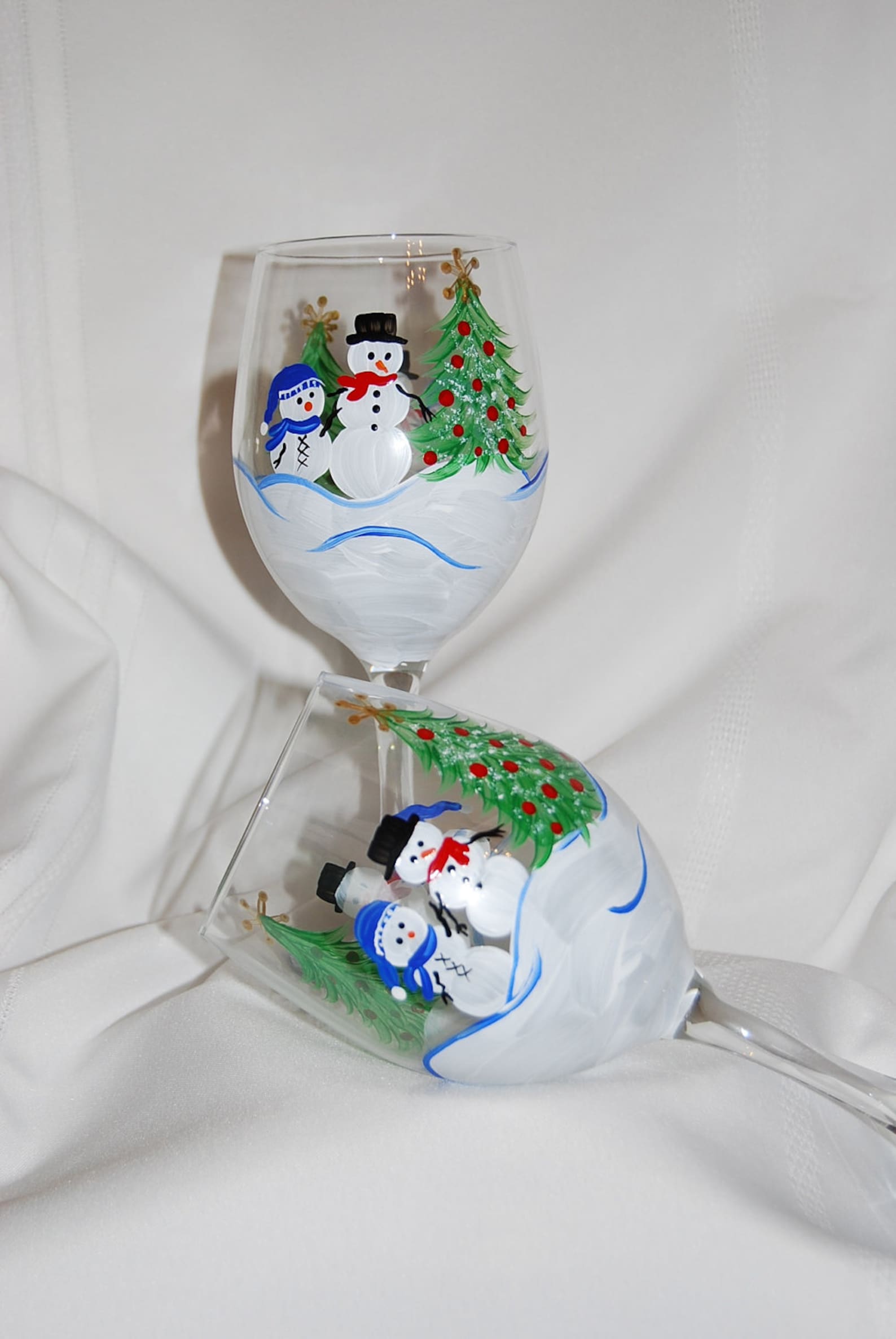 Snowman wine glasses hand painted set of two Etsy