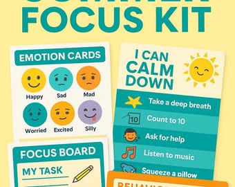 Kit TDAH Calm Corner - Cartes émotionnelles imprimables, posters d'adaptation et tableaux de respiration