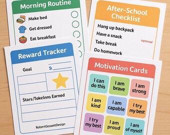Kit de réflexion sur la rentrée scolaire TDAH (adapté aux autistes) - Tableaux des routines du matin et après l'école + Suivi des récompenses + Cartes de motivation