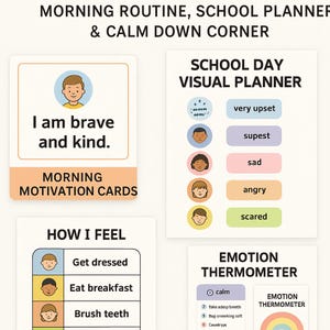 Może przedstawiać: Zestaw edukacyjnych kart i wykresów dla dzieci. Zawiera "Karty motywacyjne na poranek" z tekstem "Jestem odważny i miły". Zawiera również "Planer wizualny dnia szkolnego" i "Termometr emocji" do rozpoznawania emocji.