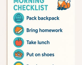 Printable ADHD School Morning Checklist for Kids – Visual Routine Chart with Fox Design