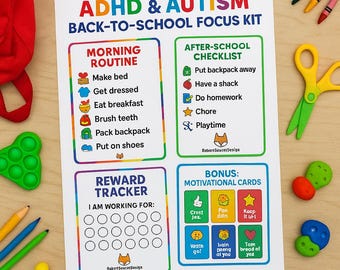Kit de réflexion sur la rentrée des classes sur le TDAH et l'autisme - Tableau du matin, liste de contrôle après l'école, suivi des récompenses + cartes bonus