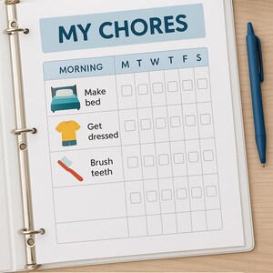 May include: A white binder with a chore chart titled "MY CHORES" for autistic kids. The chart includes illustrations for "Make bed", "Get dressed", and "Brush teeth". A blue pen rests on the wooden surface next to the binder.