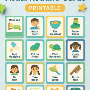Visuella rutiner för barn med ADHD och autism – Utskrivbara morgon- och kvällskort – PDF + Canva-mall