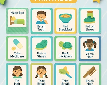 Cartes de routine visuelle TDAH + autisme pour enfants - Cartes-éclair imprimables du matin et du soir - Modèle PDF + Canva