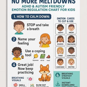 May include: A colourful chart titled "NO MORE MELTDOWNS" for children with ADHD and autism. It features illustrations and steps for emotion regulation, including breathing exercises and emotion cards. The chart is designed for instant download and home printing.