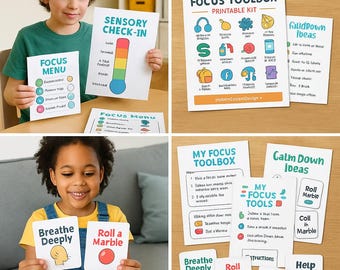 Kit imprimable TDAH Focus Toolbox : outils pour se calmer, pauses sensorielles (modèle PDF + Canva