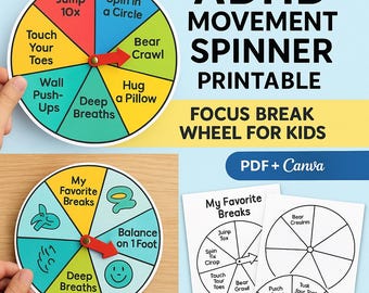 Spinner mouvement TDAH imprimable - Roue de mise au point pour enfants - Modèle PDF + Canva