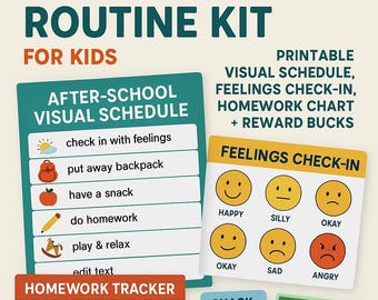 Kit de routine après l'école pour le TDAH et l'autisme : programme visuel, enregistrement des sentiments (PDF + modèle Canva)