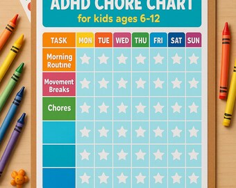 Tableau des tâches ménagères TDAH pour enfants : suivi de la routine imprimable (6-12 ans) - Modèle canva modifiable