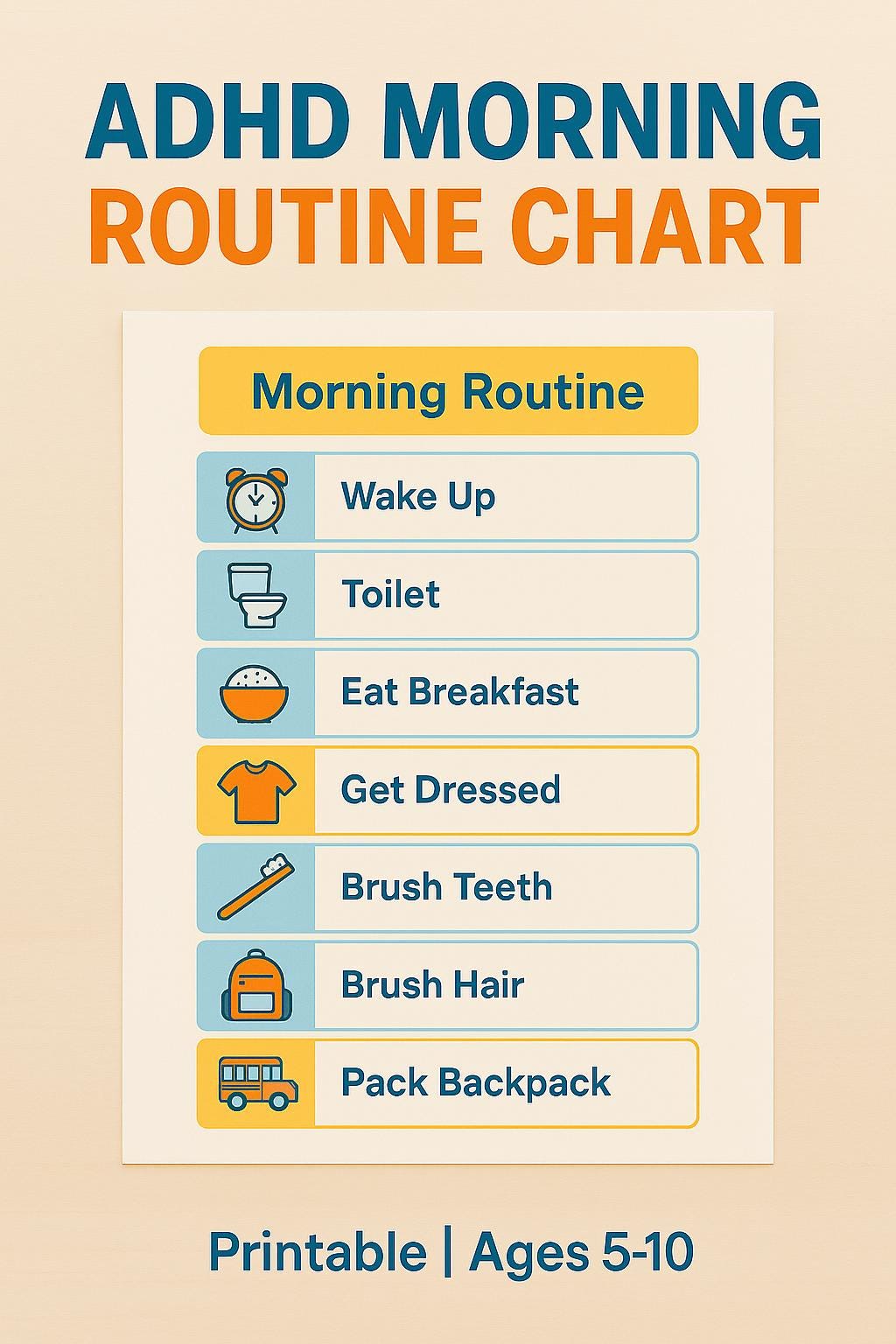 ADHD Morning Routine Chart for Kids: Visual Schedule Ages 5-10 (PDF ...