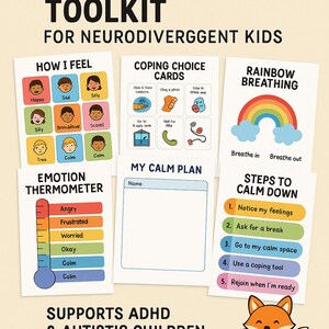 Op de afbeelding: Een toolkit voor neurodivergente kinderen, met kaarten voor copingstrategieën, emotiegrafieken en een kalmteplan. Bevat een regenboogademhalingsgids en stappen om te kalmeren. De kaarten hebben kleurrijke illustraties.