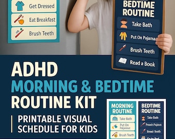 May include: ADHD morning and bedtime routine kit with printable visual schedules for kids. Includes reward charts and bonus stickers. The image shows a child brushing their teeth, and the text on the chart says "Bedtime Routine".