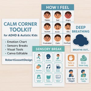 Op de afbeelding: Een verzameling educatieve hulpmiddelen voor kinderen met ADHD en autisme. De set bevat een emotiekaart, sensorische pauzekaarten en diepe ademhalingsoefeningen. De tekst op de kaarten bevat "Calm Corner Toolkit" en "How I Feel."