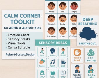 Boîte à outils pour un coin calme pour le TDAH et les enfants autistes : tableau des émotions, pauses sensorielles (imprimable, modifiable sur toile)