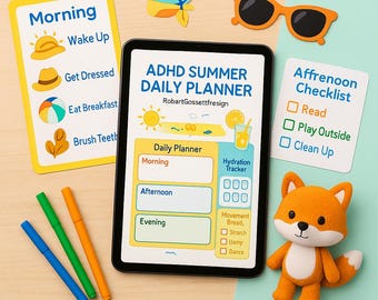Agenda quotidien d'été TDAH pour enfants - routine visuelle, pauses motrices et suivi de l'hydratation