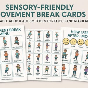 May include: Printable sensory-friendly movement break cards for focus and regulation. The cards feature illustrations of exercises like wall push-ups, frog jumps, and arm squeezes. Includes a "How I Feel" card with emoji faces.