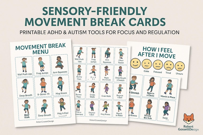 May include: Printable sensory-friendly movement break cards for focus and regulation. The cards feature illustrations of exercises like wall push-ups, frog jumps, and arm squeezes. Includes a "How I Feel" card with emoji faces.