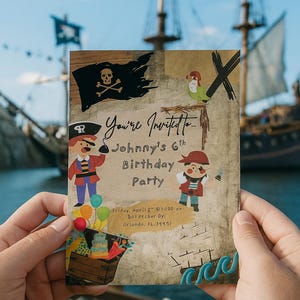 Invitación de cumpleaños pirata para niños, editable, con tema pirata, mapa del tesoro, plantilla Canva de descarga instantánea.