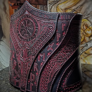 Leather Tooled Corset Underbust Valkyrie Viking Warrior Armor Red Bodice