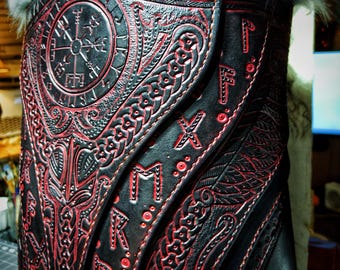 One of One Leather Tooled Corset Underbust Valkyrie Viking Warrior Armor Red Bodice