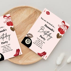Beijo, beijo, é meu aniversário – Modelo de convite de aniversário glamouroso | Convite editável para festa de oncinha e batom | Cartão de aniversário Canva para ela