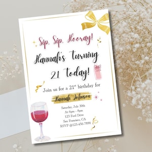 Sip Sip Hooray - 21. Geburtstagseinladung Vorlage | Bearbeitbare Wein-Themed Party Invite | Digitaler Download | Canvas Geburtstagskarte für Sie