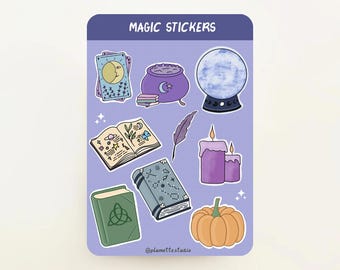 May include: A sticker sheet with the words "MAGIC STICKERS" at the top. The sheet features illustrations of a tarot card, cauldron, crystal ball, open book, feather, candles, a book, a book with stars, and a pumpkin.