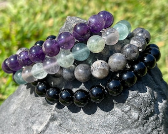 Crystal Bracelet Set: Amethyst, Onyx, Fluorite, Labradorite Healing Stones
