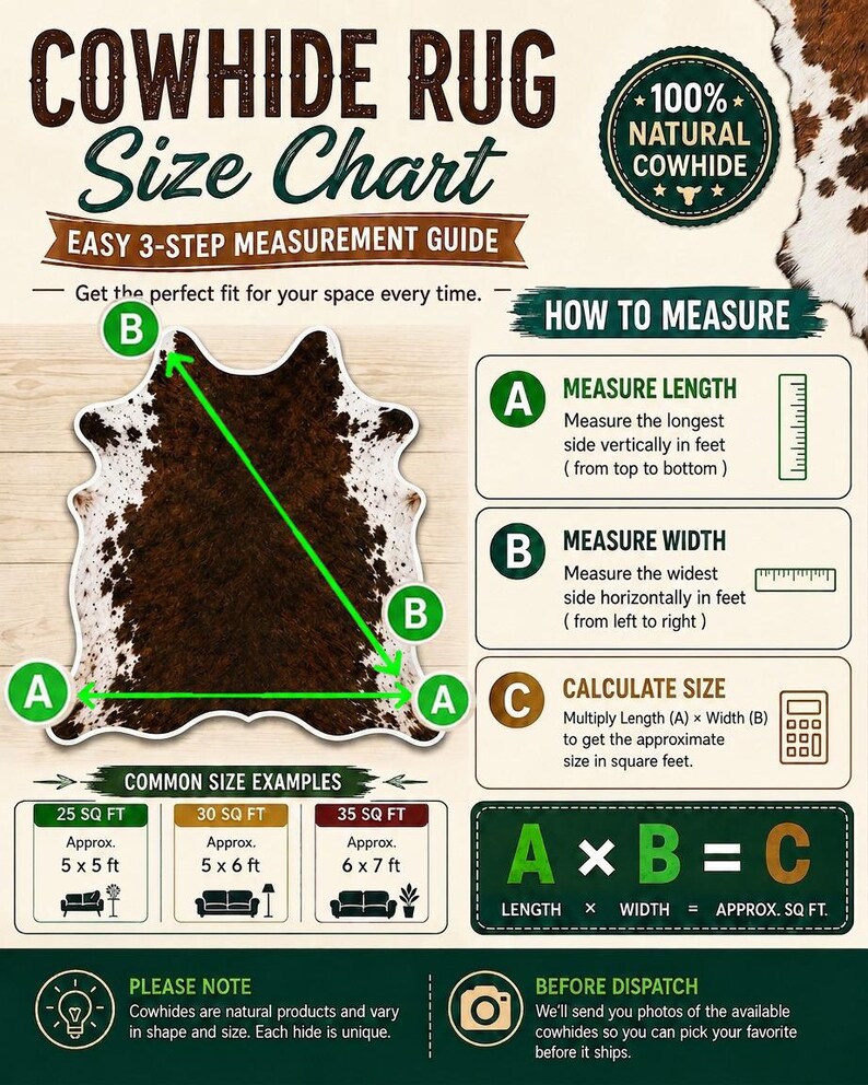 May include: A cowhide rug size chart infographic featuring a brown and white cowhide illustration with green measurement markers labeled A and B. The text includes Cowhide Rug Size Chart, How to Measure, and Common Size Examples in square feet.