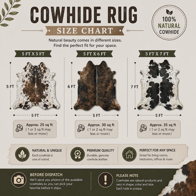May include: A cowhide rug size chart displaying three options: 5 ft x 5 ft at 25 sq ft, 5 ft x 6 ft at 30 sq ft, and 5 ft x 7 ft at 35 sq ft. The graphic features brown, black, and white cowhide patterns and text detailing natural variations.