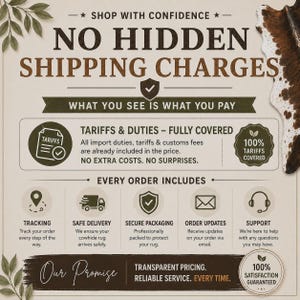 May include: An informational graphic titled NO HIDDEN SHIPPING CHARGES with text stating that all import duties, tariffs, and customs fees are fully covered. It lists order benefits including tracking, safe delivery, secure packaging, and support.