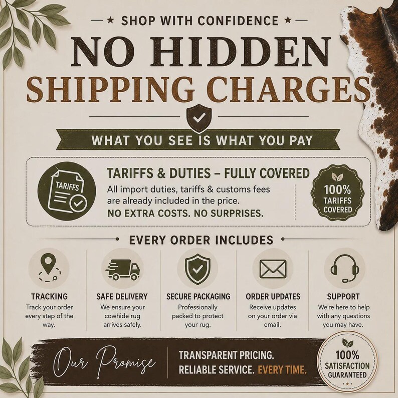May include: An informational graphic titled NO HIDDEN SHIPPING CHARGES with text stating that all import duties, tariffs, and customs fees are fully covered. It lists order benefits including tracking, safe delivery, secure packaging, and support.