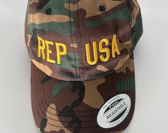 REP USA™ Camo Hat | RWYAF™ Embroidered Tactical Dad Cap | Patriotic Military Style Hat | Adjustable Cap