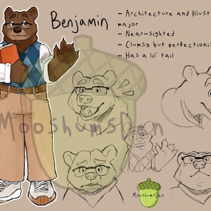 May include: A digital character sheet of an anthropomorphic brown bear named Benjamin wearing glasses, a blue argyle sweater vest, a white shirt, and tan trousers. The image includes text descriptions, multiple head sketches, and a small green acorn icon.