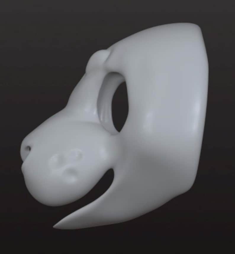 May include: A smooth, matte white animal-inspired mask base featuring a rounded snout, defined brow ridge, large eye openings, and an open mouth area. The mask has a sculpted, three-dimensional shape with a curved profile and a clean, seamless surface.