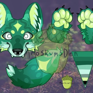 以下が含まれることがあります： デジタルアート。緑色のオオカミの頭、足、尾、カラーパレットが描かれています。オオカミは大きな耳、白い目、ひし形の模様をしています。足は黒い爪の薄緑色です。ドングリも含まれています。