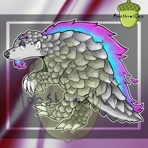 May include: Illustration of a pangolin-like creature with gray scales and a white face. The creature has a vibrant mane of pink and blue hair. The image has the text "MooshumsDen" and an acorn graphic in the upper right corner.