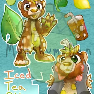 May include: A digital illustration featuring an otter character with brown and yellow fur, designed to resemble iced tea. The image includes an acorn, a lemon, and a glass of iced tea. Text reads "Iced Tea Otter".