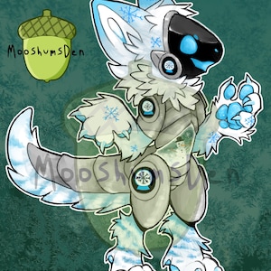 May include: Digital illustration of a furry character with a white and blue color scheme, featuring snowflake accents. The character has a robotic head with a black visor and blue eyes. The image includes the text "MooshumsDen" and an acorn.