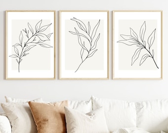 Neutral Wall Art Prints, Botanical Line Art, set of 3 Beige Plant Prints, Minimalist Modern Bedroom Living Room Wall Decor, Printable Art